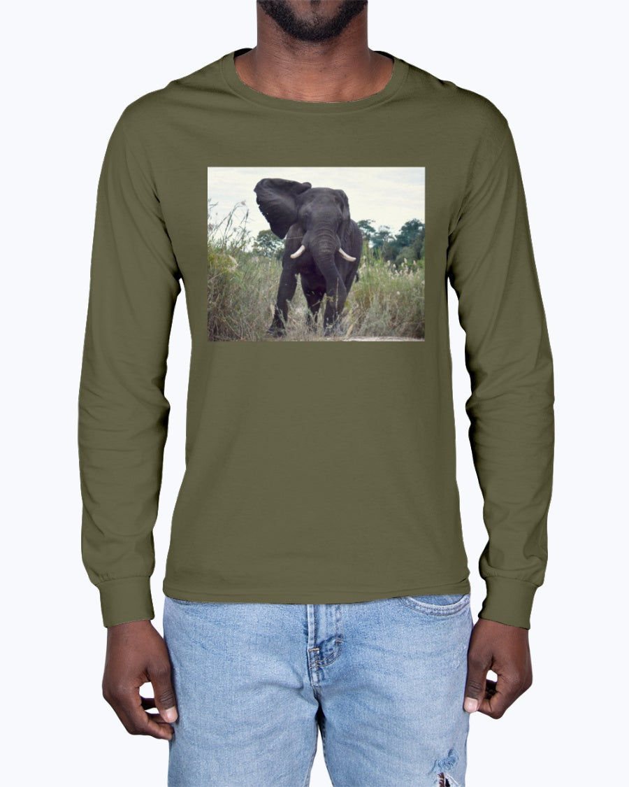 Defiant Elephant, Elephant conservation, animal fan, wildlife, Moss Apparel, Unisex Long Sleeve T-Shirt Moss Apparel