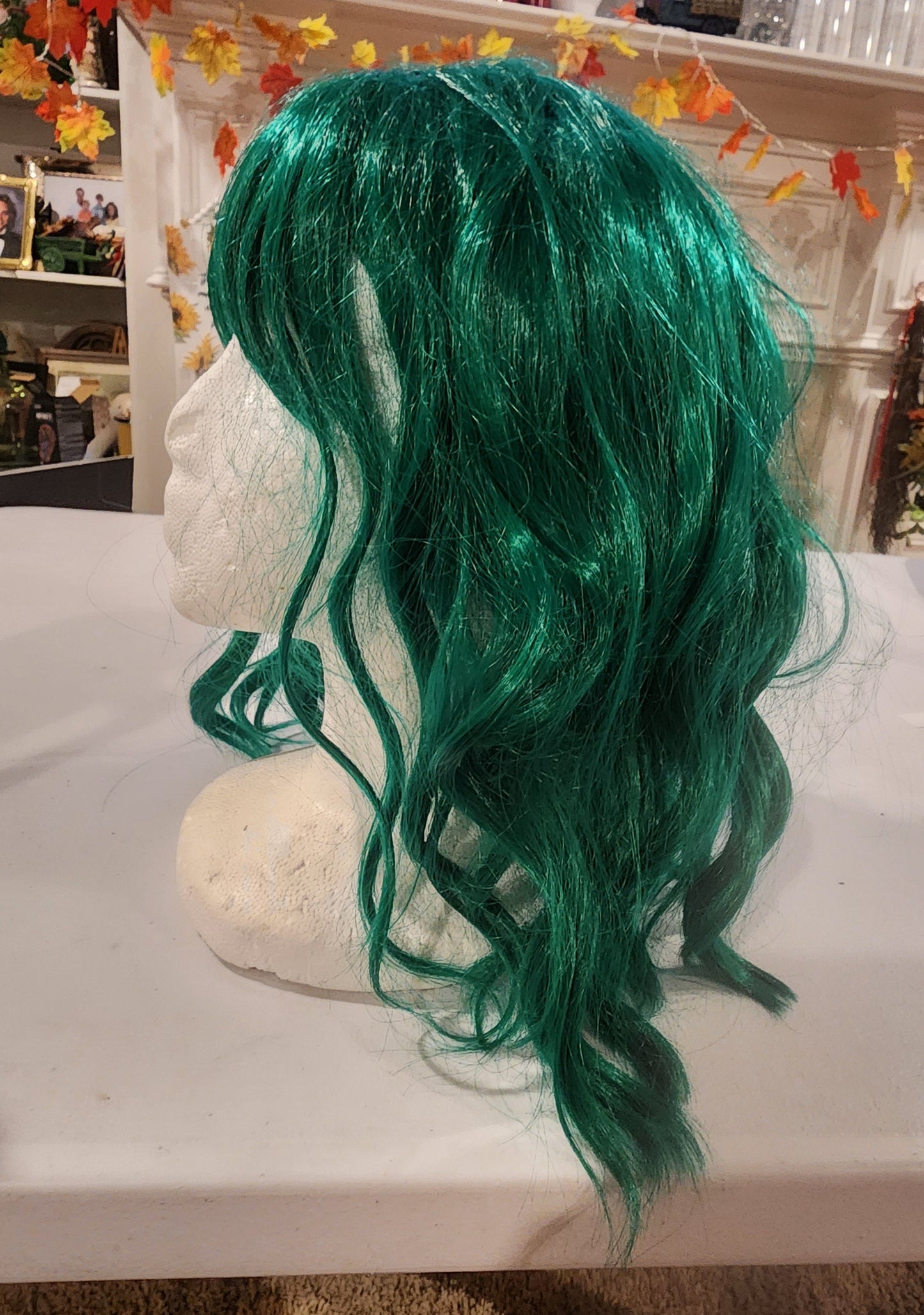 Green Wavy Wig with Bangs - Perfect for Cosplay, Halloween, or Parties Tennessee Junk Trunk
