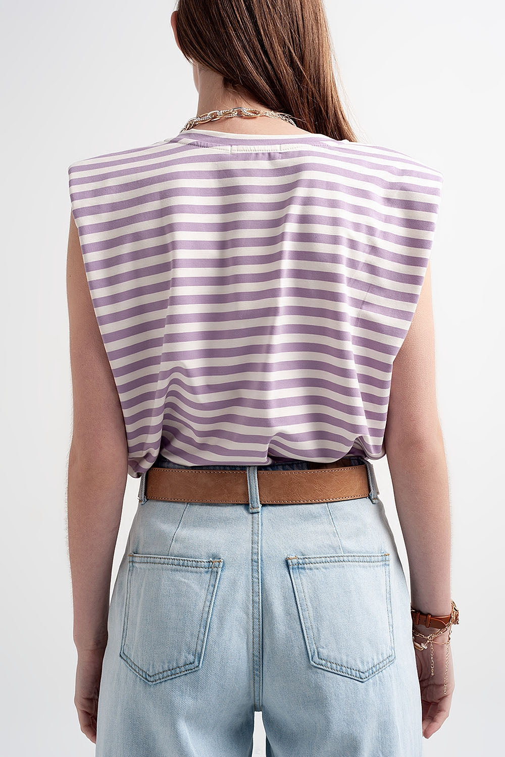 sleeveless t-shirt with shoulder pad in purple stripe Q2store