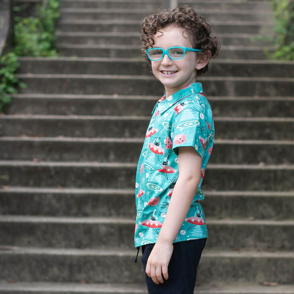 "Beam Me Up, Kitty" Cats in Space Saucers Short Sleeve Polo Shirt Princess Awesome & Boy Wonder