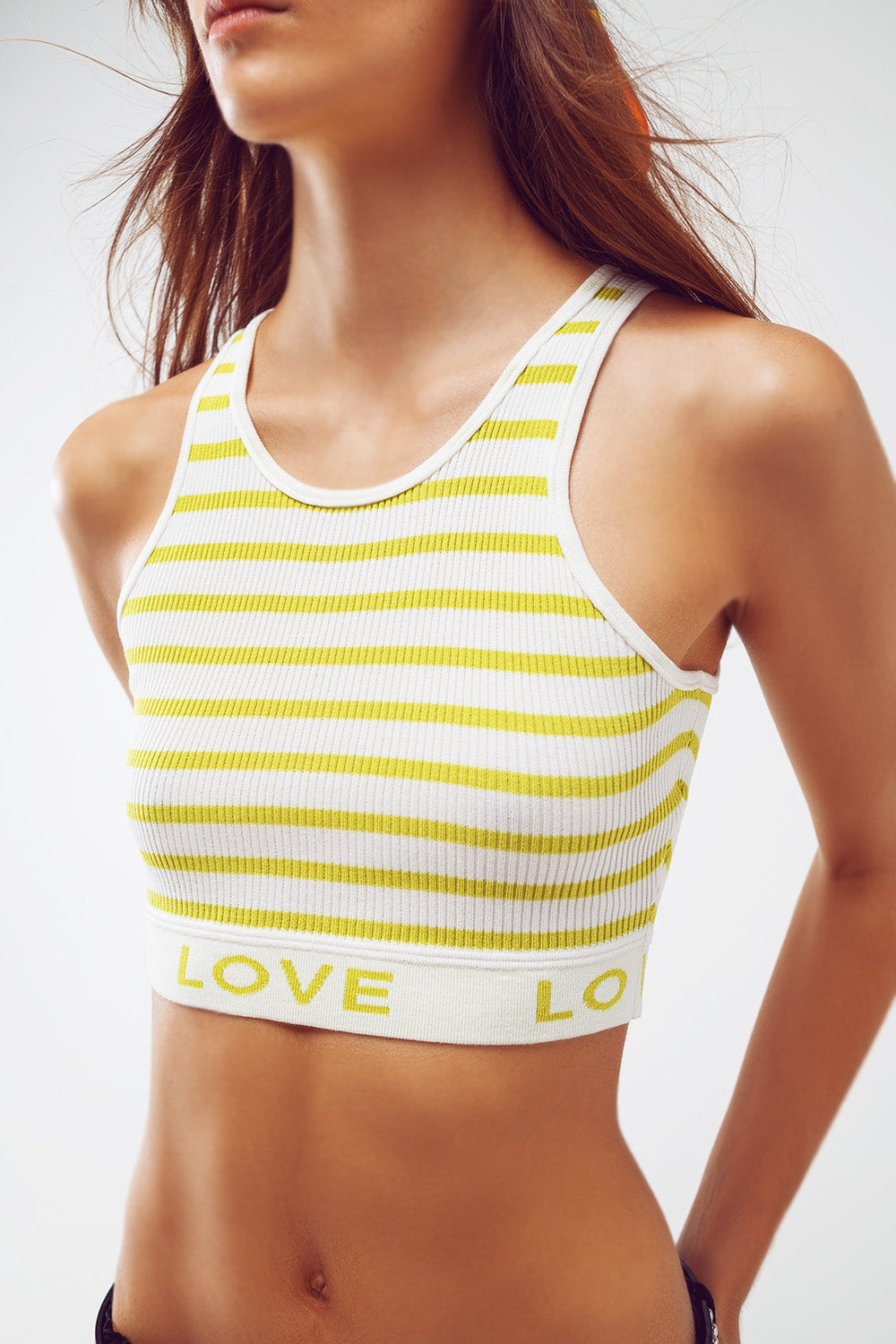 Striped Cropped Top with Love Text in Lime Green Q2store