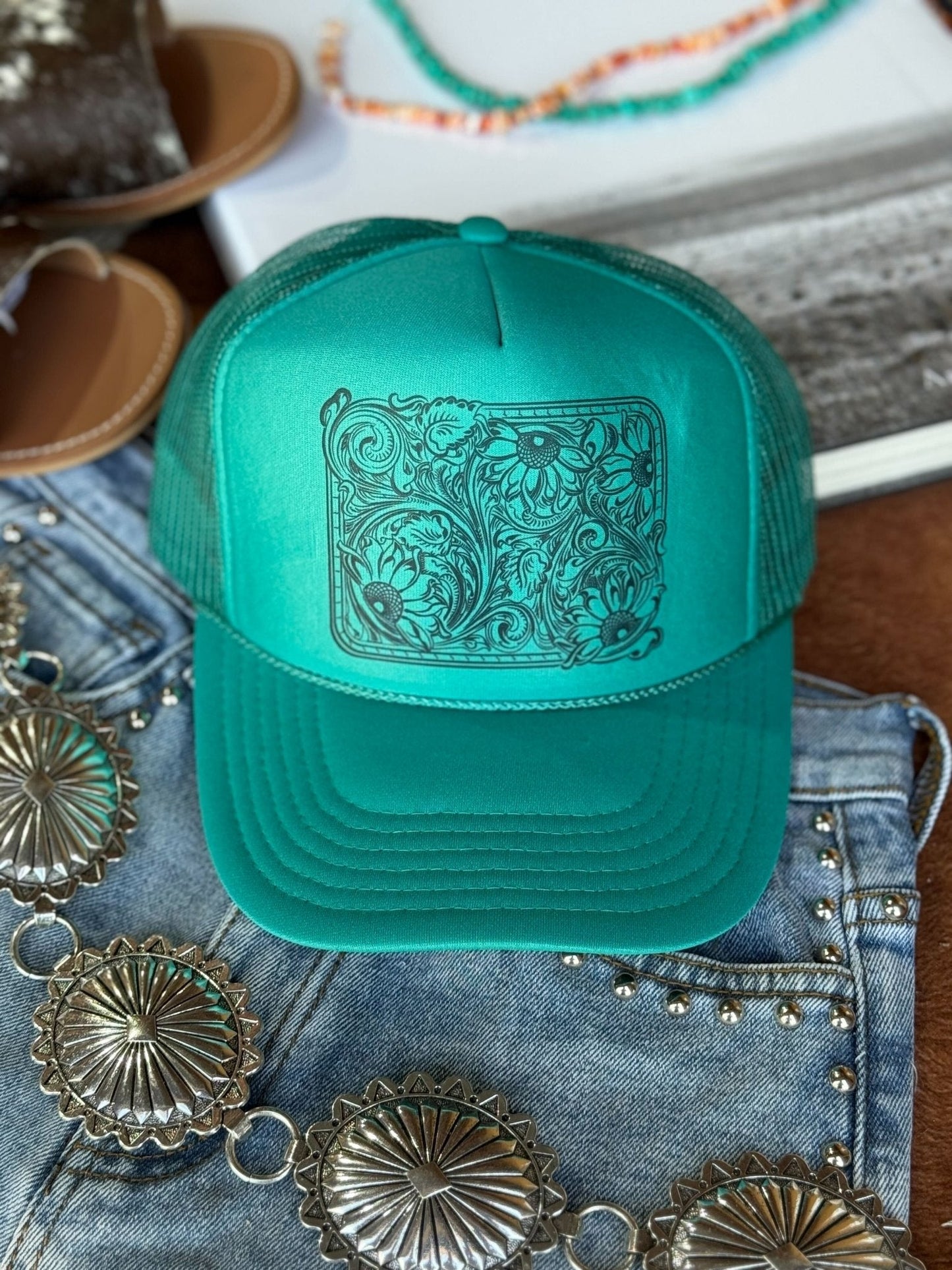 Sunflower Tooled Leather Trucker Hat Wild Junkie
