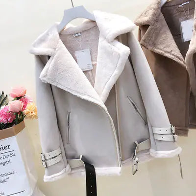 Lamb Wool Jacket, Thick Suede Leather Motorcycle Coat