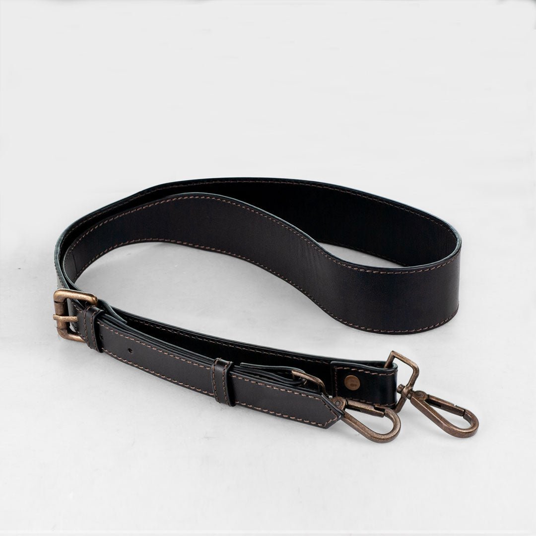 Wide Taper Bag Strap - Antique Brass and Black Leather Urban-Equestrian
