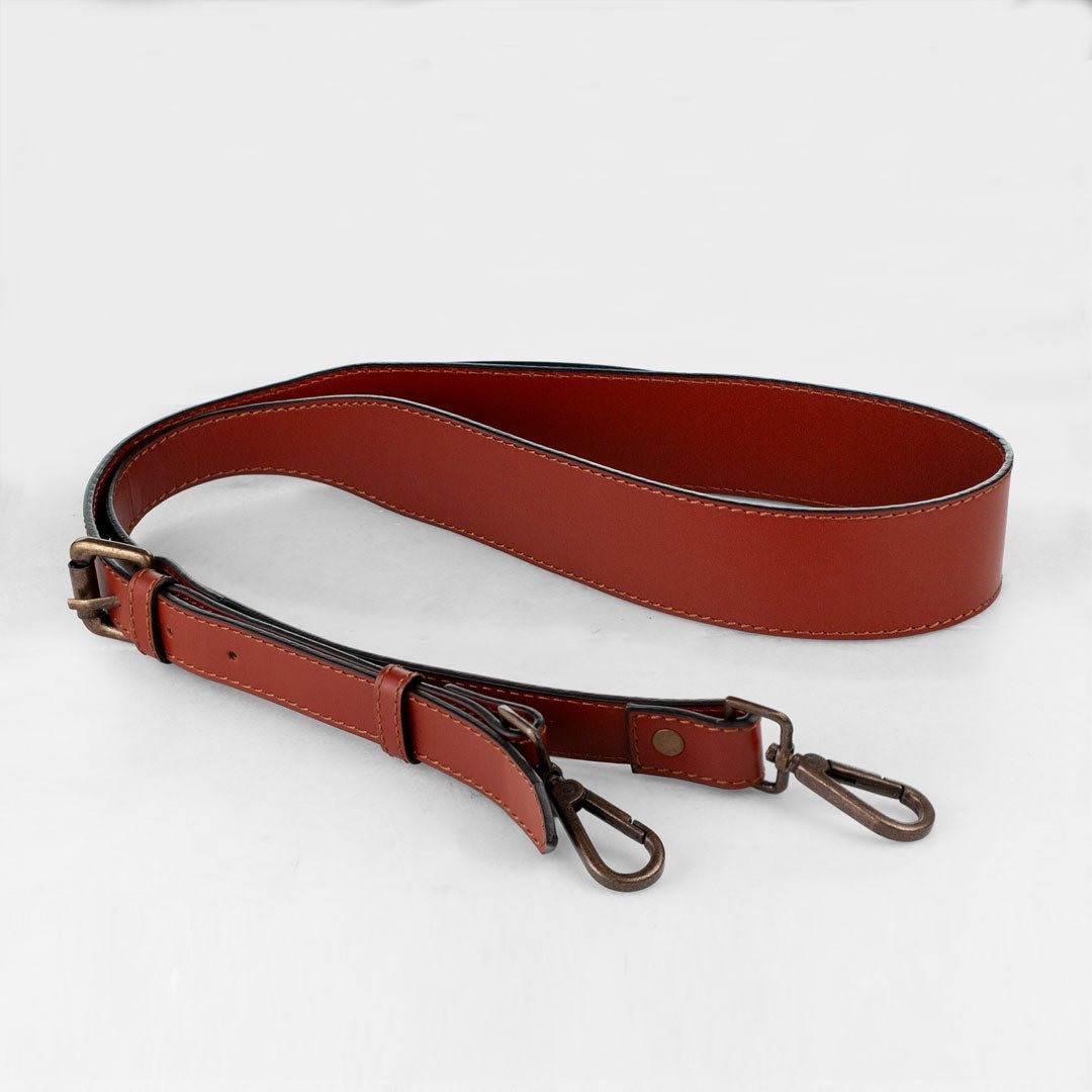 Wide Taper Bag Strap - Antique Brass and Deep Cognac Leather Urban-Equestrian