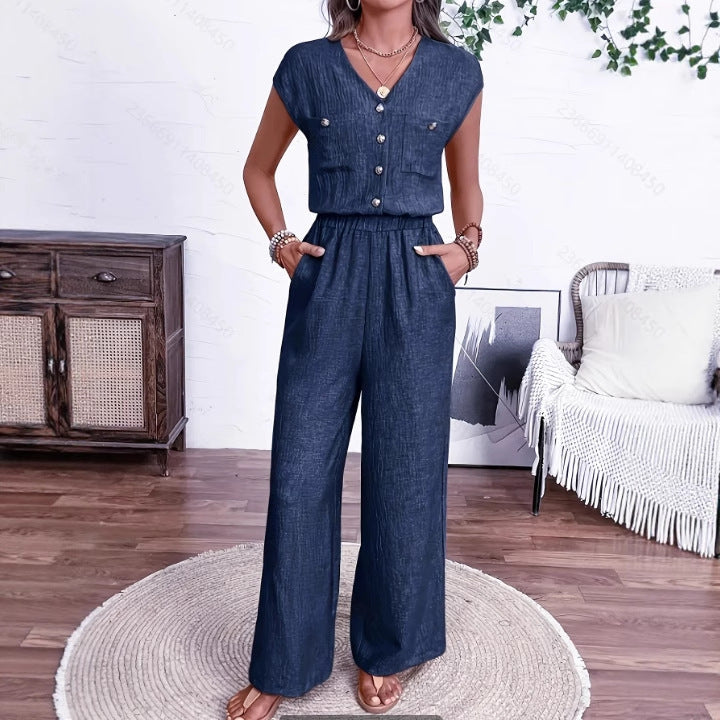 All-matching V-neck Buttons Elastic Waistband Slimming Temperament Jumpsuit Grayceful LLC