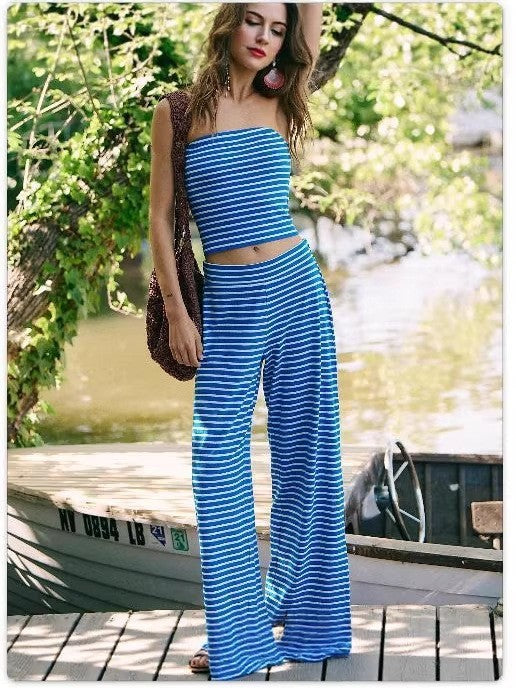 Women's Striped Tube Top & Pants Set – 2-Piece Modal Matching Outfit FitiqueFit