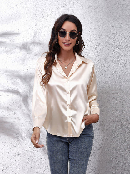 Hot Style In-Kind Shooting Satin Shirt Women'S Satin Imitation Long-Sleeved Shirt New European And American Cross-Border Women'S Clothing NovaCart