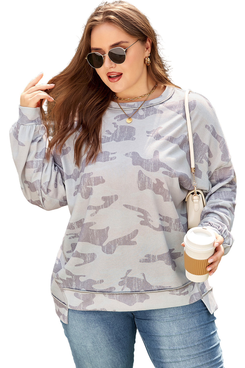 Multicolour Camouflage Print Round Neck Plus Size Sweatshirt Garden Naked Curves