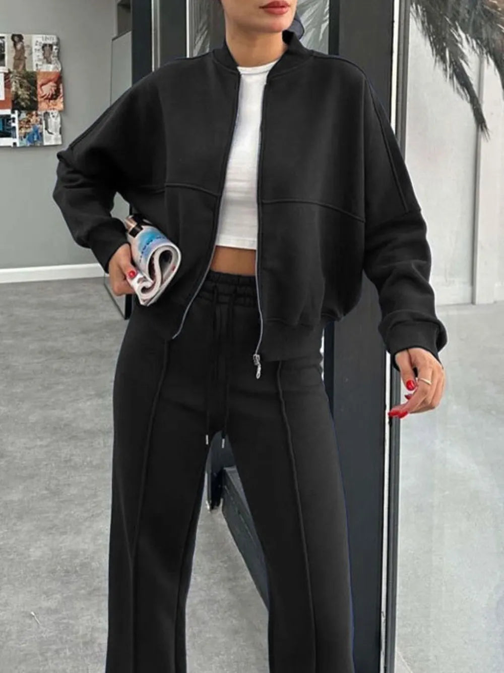 Baseball Collar Zip Up Outerwear and Drawstring Pants Set New Era Fashion LLc