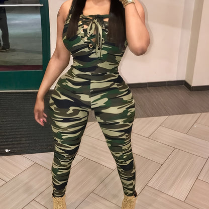 Women Overalls 2023 Spring Bodysuit Camouflage Print Bandage Womens Jumpsuits New Fashion Sexy Leoprard Rompers Pants Sleeveless 1pc Casual Bodysuit NovaCart