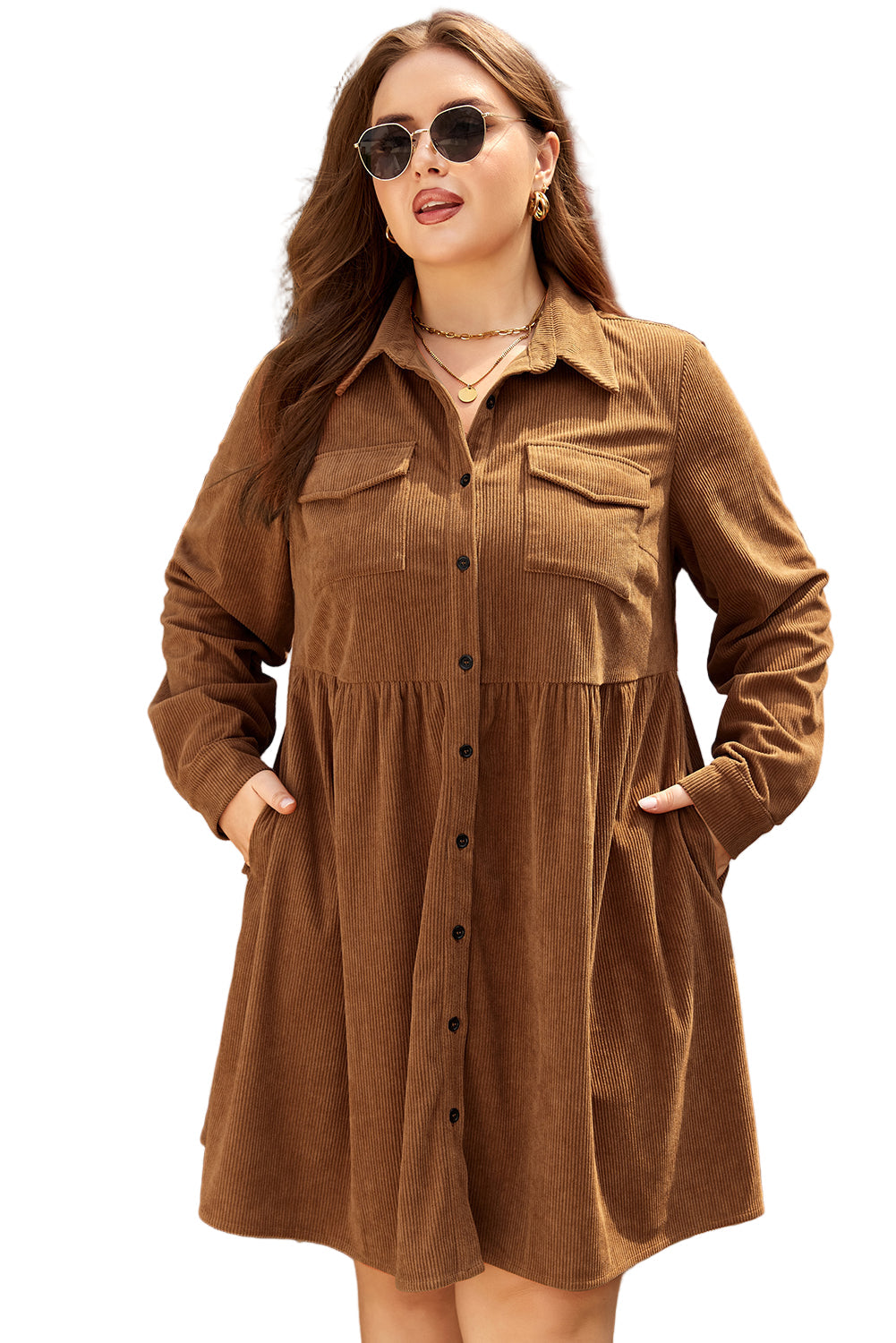 Camel Corduroy Full Buttoned Collared Shirt Style Plus Size Dress Garden Naked Curves
