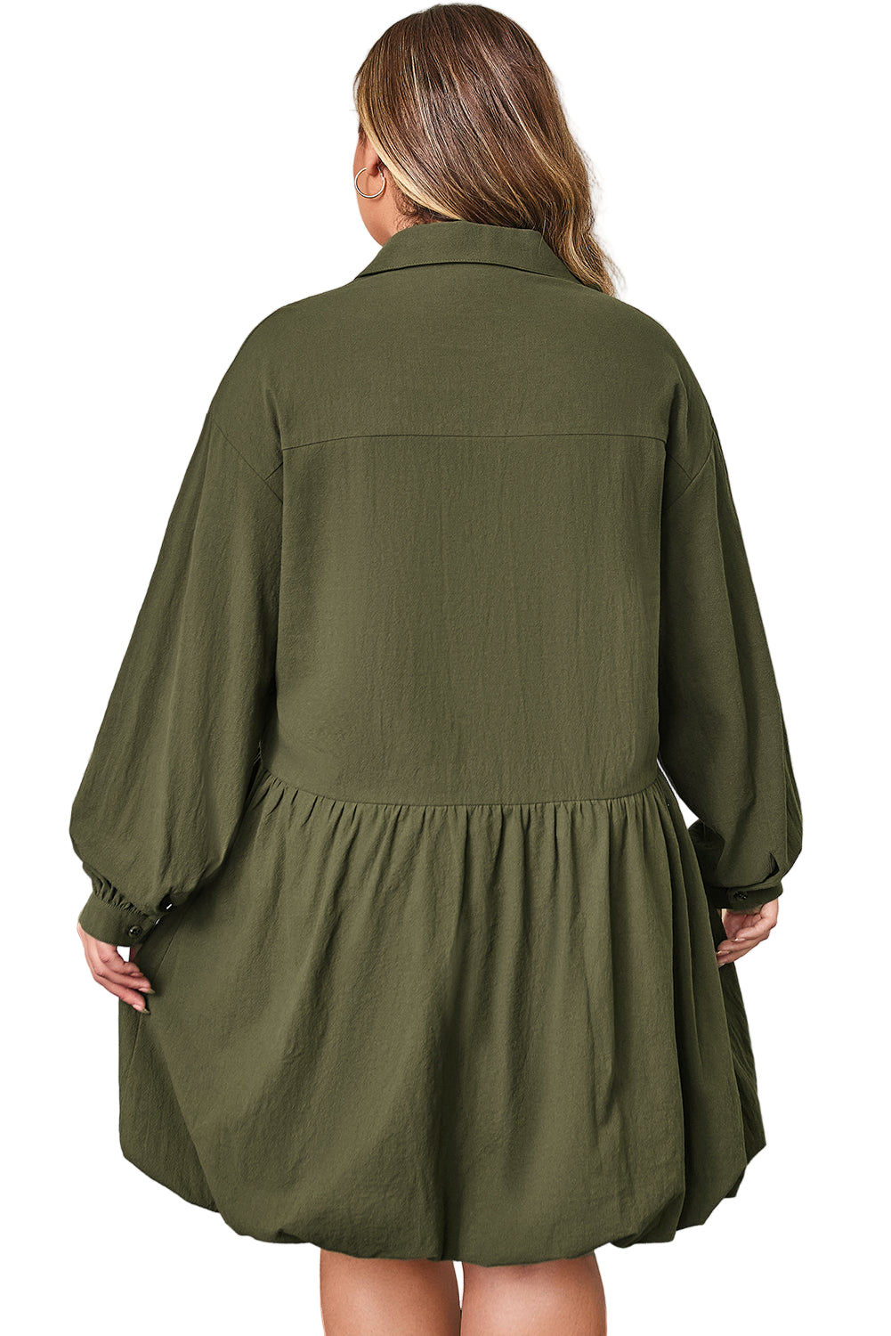 Four Leaf Clover Plus Size Collar Half Button Long Sleeve Ruffle Hem Mini Dress Garden Naked Curves