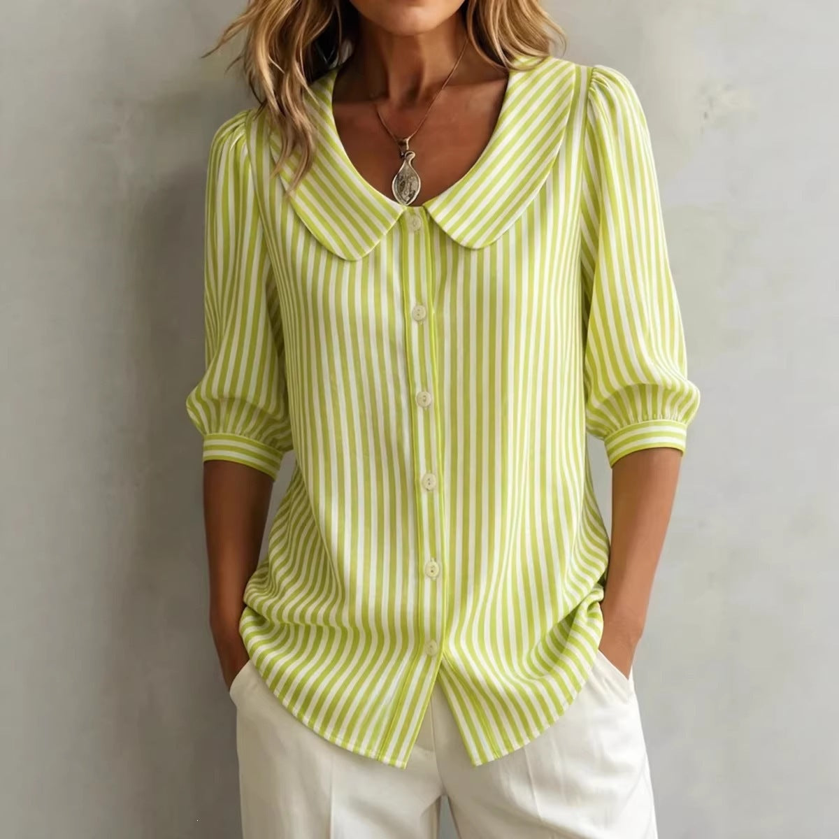 Striped V-Neck Top – Three-Quarter Sleeve Casual Shirt FitiqueFit
