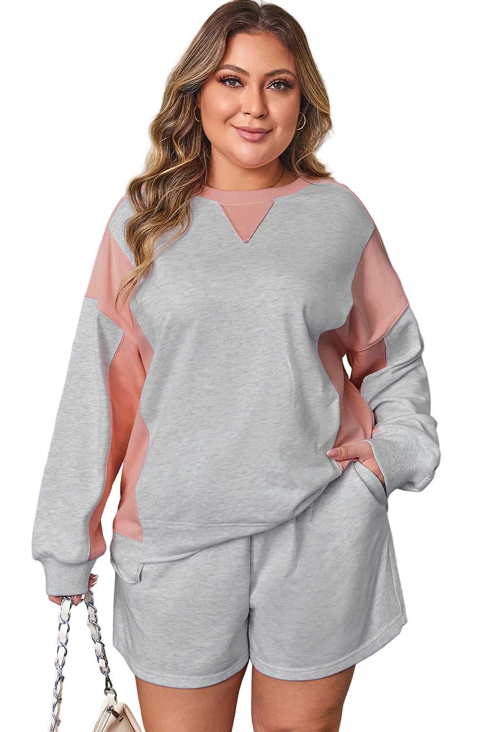 Light Grey Uneven Hem Colorblock Pullover Casual Shorts Plus Size 2pcs Outfit Garden Naked Curves