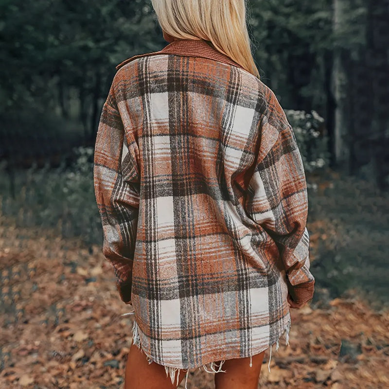 Women's Notch Lapel Check Print Long Sleeve Shirt FitiqueFit