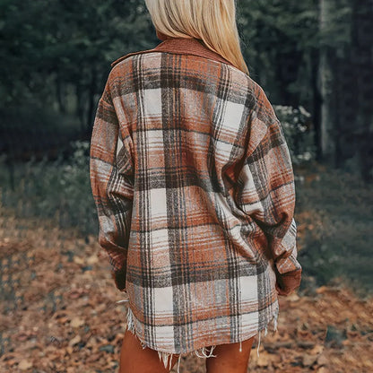 Women's Notch Lapel Check Print Long Sleeve Shirt FitiqueFit