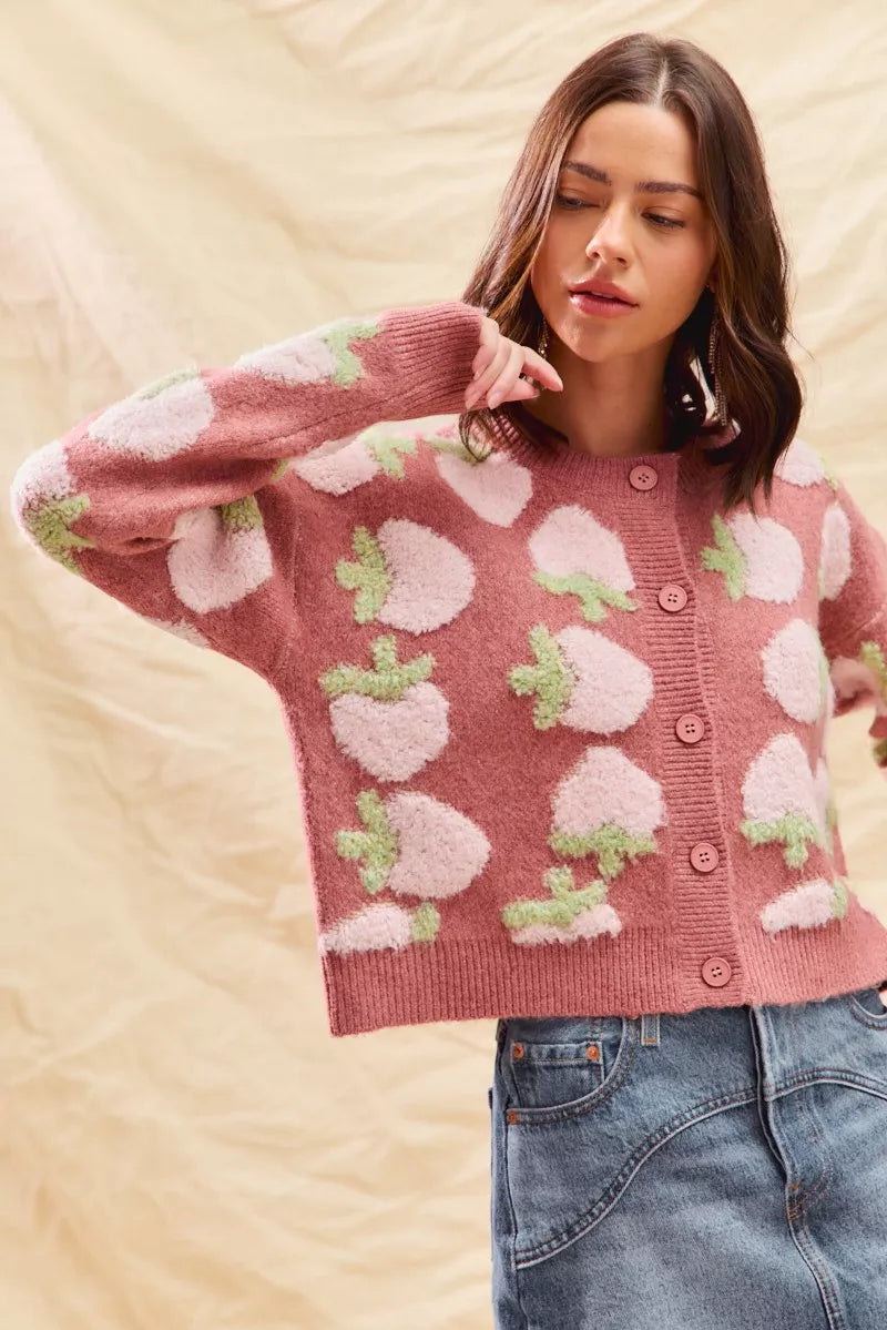 SO ME Strawberry Fruit All Over Button Sweater Cardigan FitiqueFit
