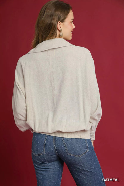 Umgee Linen Long Sleeves Elastic Hem Blouse West2East Surf
