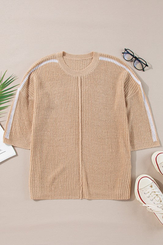 Contrast Stripe 3/4 Sleeve Crew Neck Sweater Shop Style & More | Fresh Looks, Everyday Deals & Free Shipping
