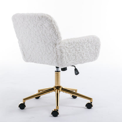 Artificial rabbit hair gold metal base home office chair adjustable chair rotating office chair, dressing chair (beige)