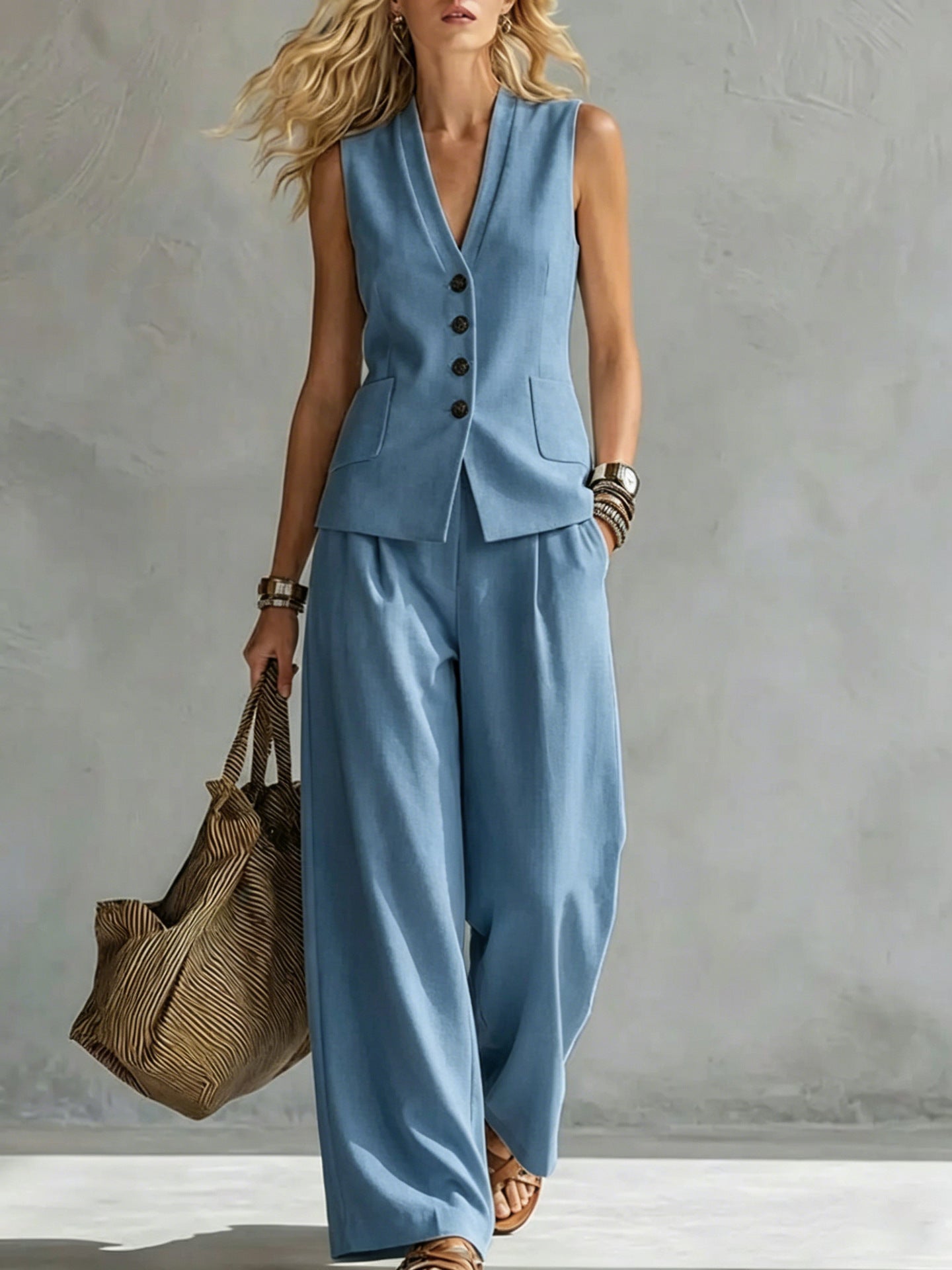 Women's Solid Linen Sleeveless Tank Top & Full-Length Pants Set FitiqueFit