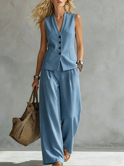 Women's Solid Linen Sleeveless Tank Top & Full-Length Pants Set FitiqueFit