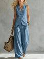 Women's Solid Linen Sleeveless Tank Top & Full-Length Pants Set FitiqueFit