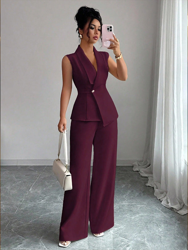 Women's Sleeveless Blazer & Straight-Leg Pants Two-Piece Set FitiqueFit
