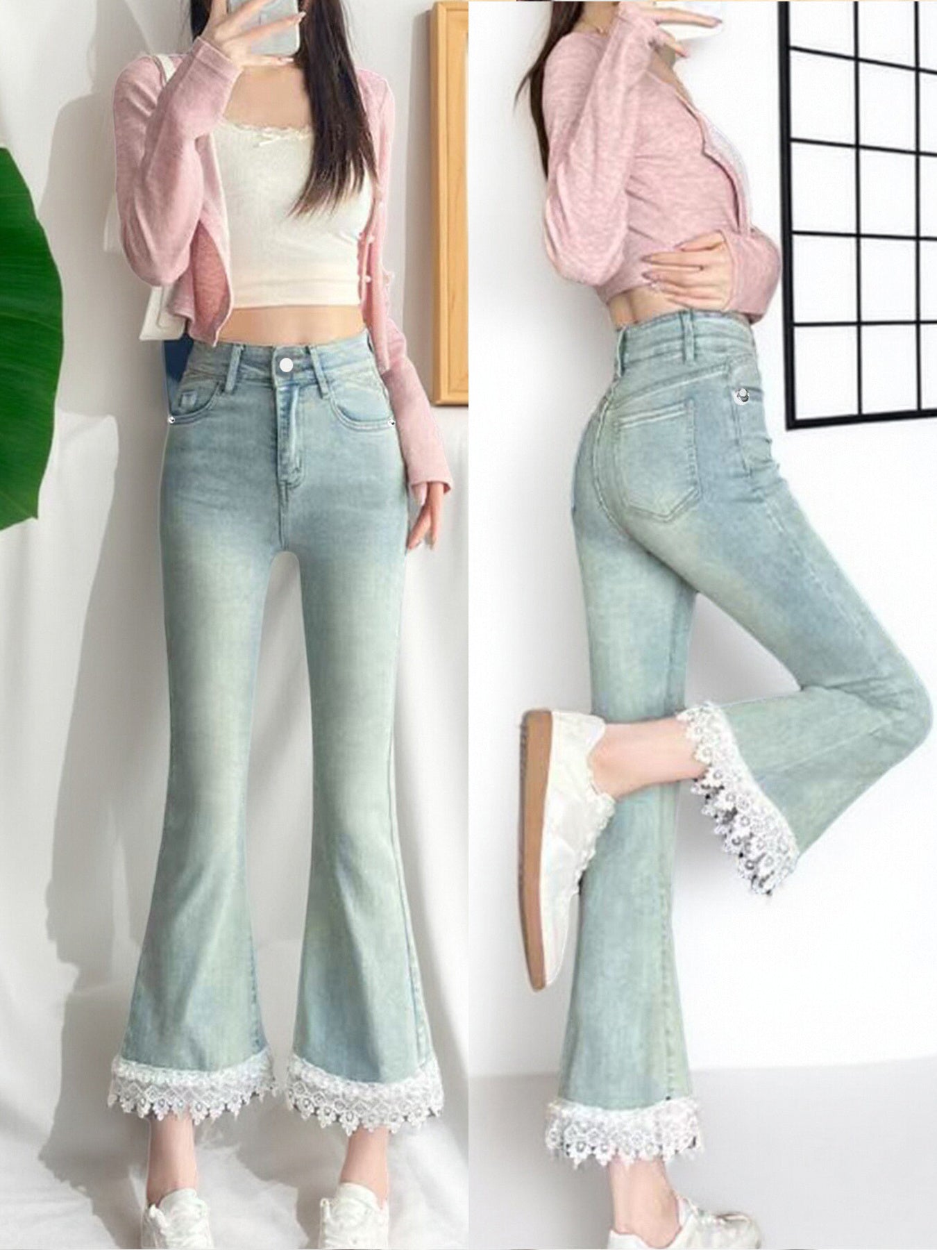 Light Blue Micro-Flare Lace Stretch Jeans for Women FitiqueFit