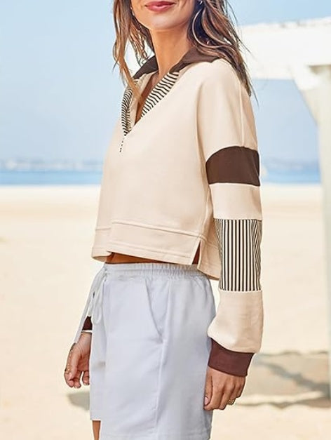 Color‑Block Cropped Polo V‑Neck Sweatshirt FitiqueFit