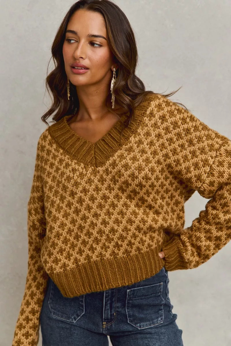 SO ME Color Block Textured Christmas Sweater V Neck Top West2East Surf