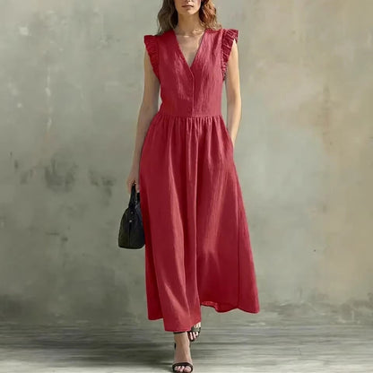 V-Neck Puff-Sleeve Dress with Pockets – Cotton Linen, 7 Colors FitiqueFit
