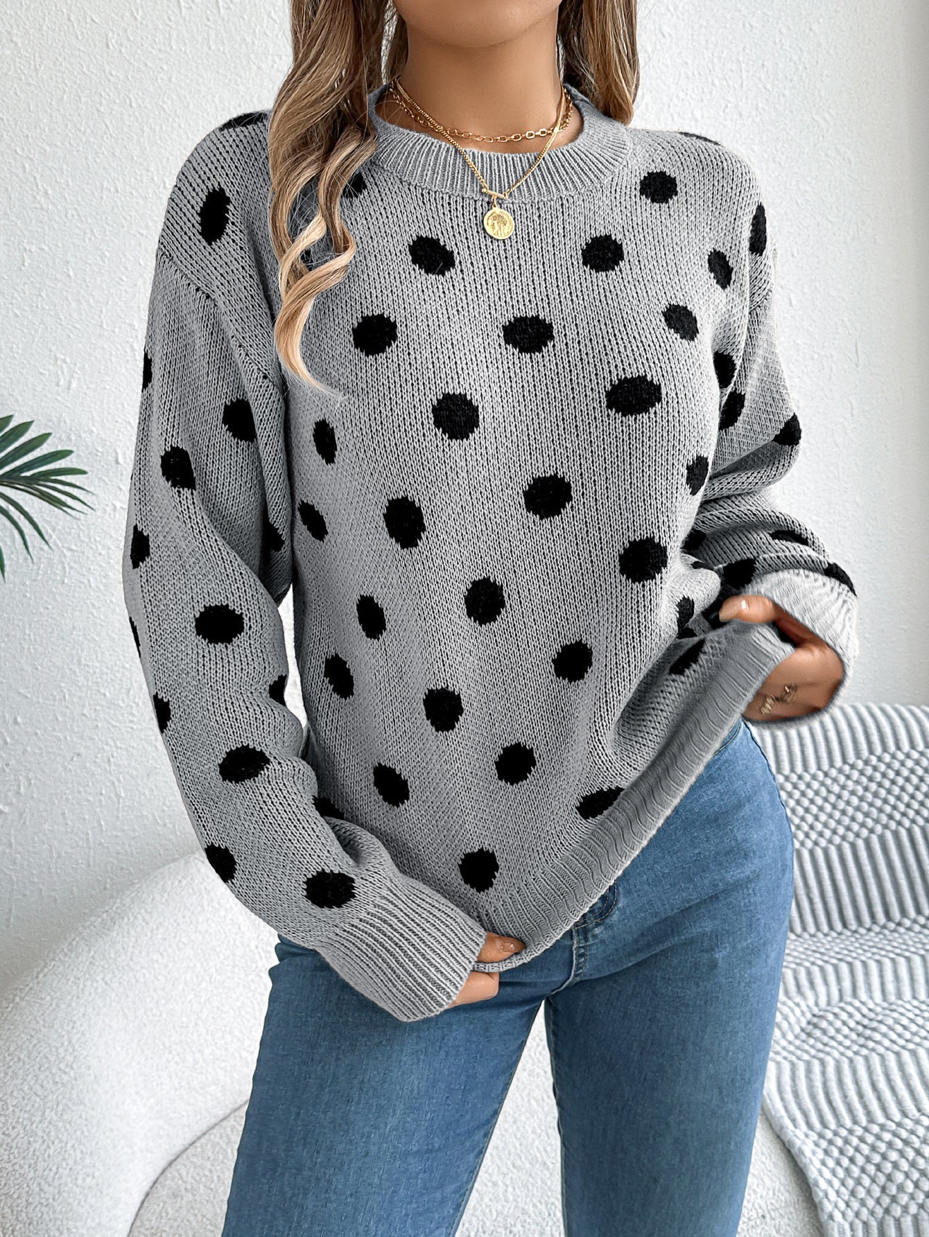 Polka Dot Long-Sleeved Pullover Sweater – Cozy and Stylish Cowgirl Sweater Country in My Heart