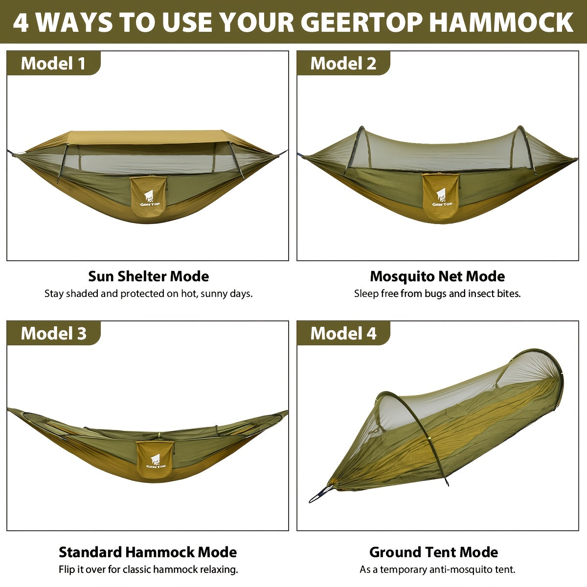 [3-in-1 Hammock] GEERTOP 3-in-1 Outdoor Hammock | Double Sleep Rest Camping Hammock with Mosquito Net Sun Shelter for Backpacking Travel Garden Park NovaCart