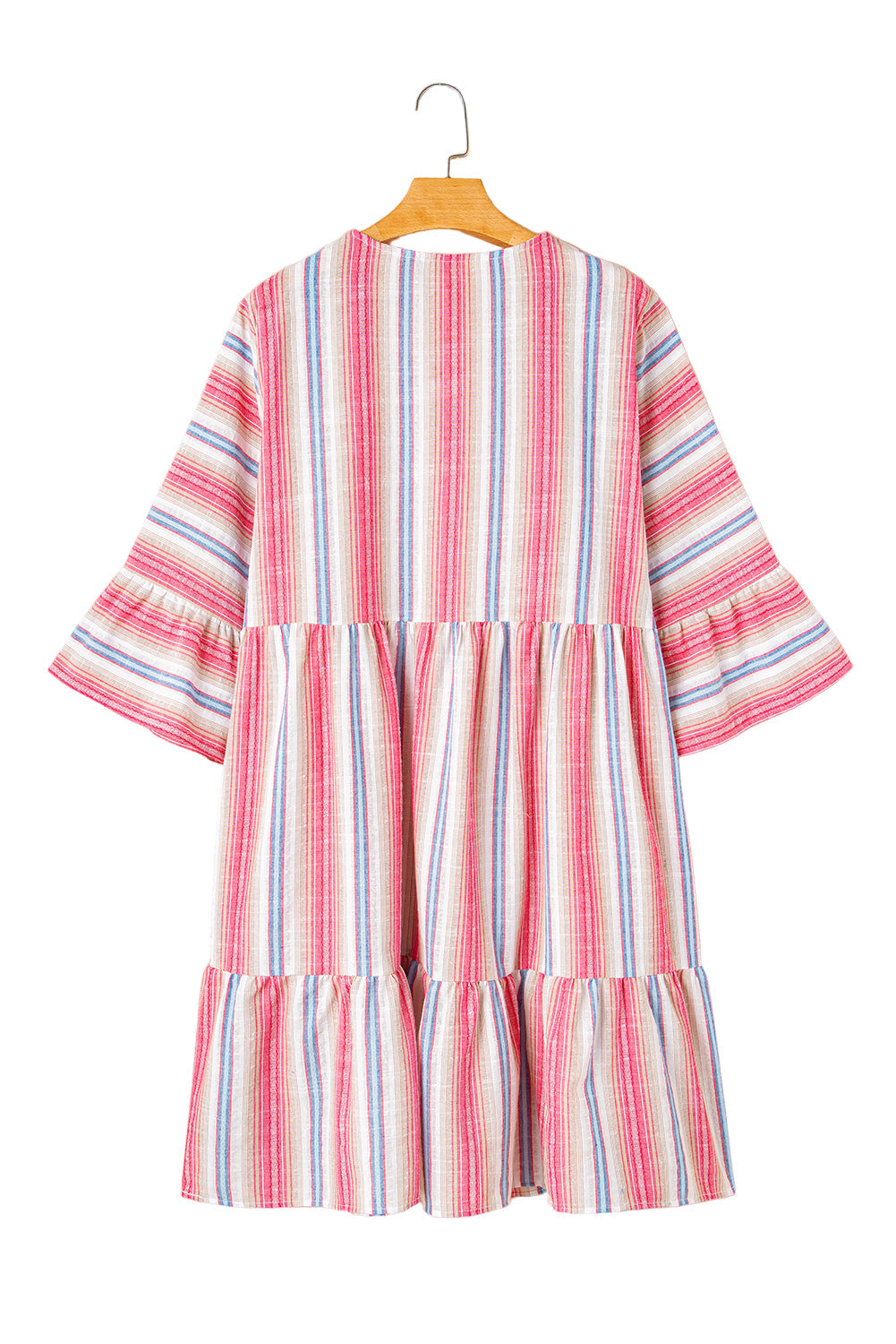 White Stripe Plus Size Embroidered Detail Flared 3/4 Sleeve V Neck Dress Garden Naked Curves