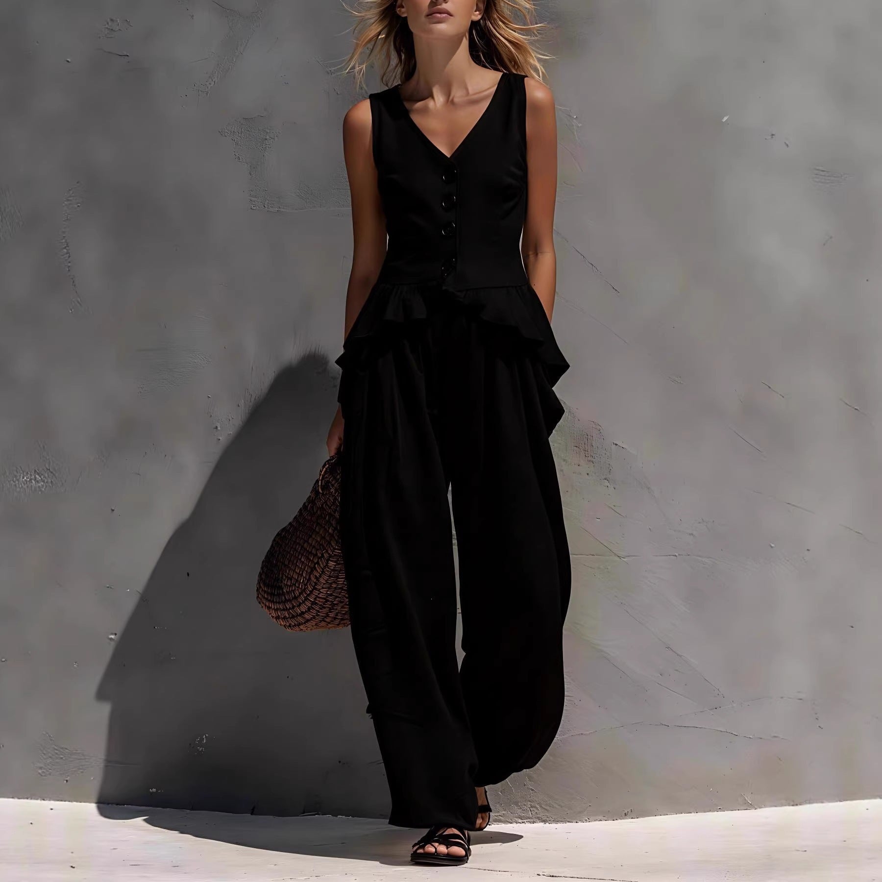 Ruffled Tank Top & Draping Wide-Leg Pants Set – 6 Colors, S–3XL FitiqueFit