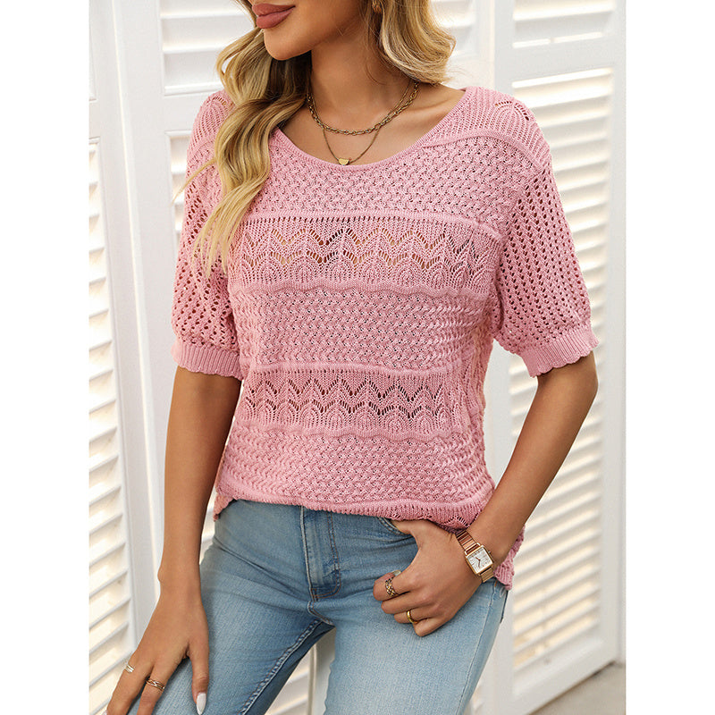 Women’s Short Sleeve Crochet Knit Hollow-Out Top FitiqueFit