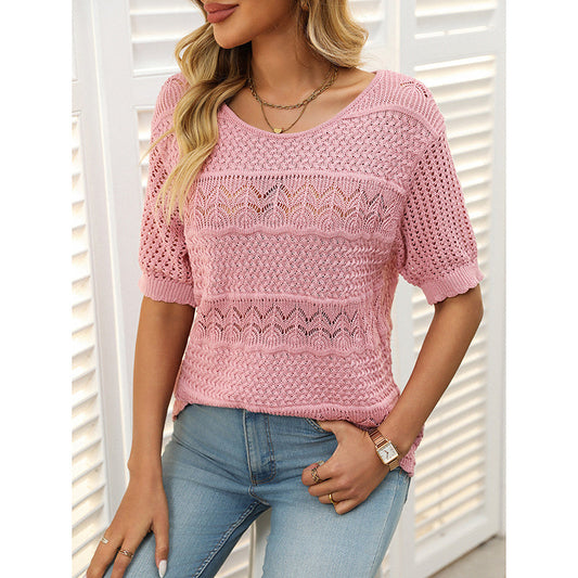 Women’s Short Sleeve Crochet Knit Hollow-Out Top FitiqueFit