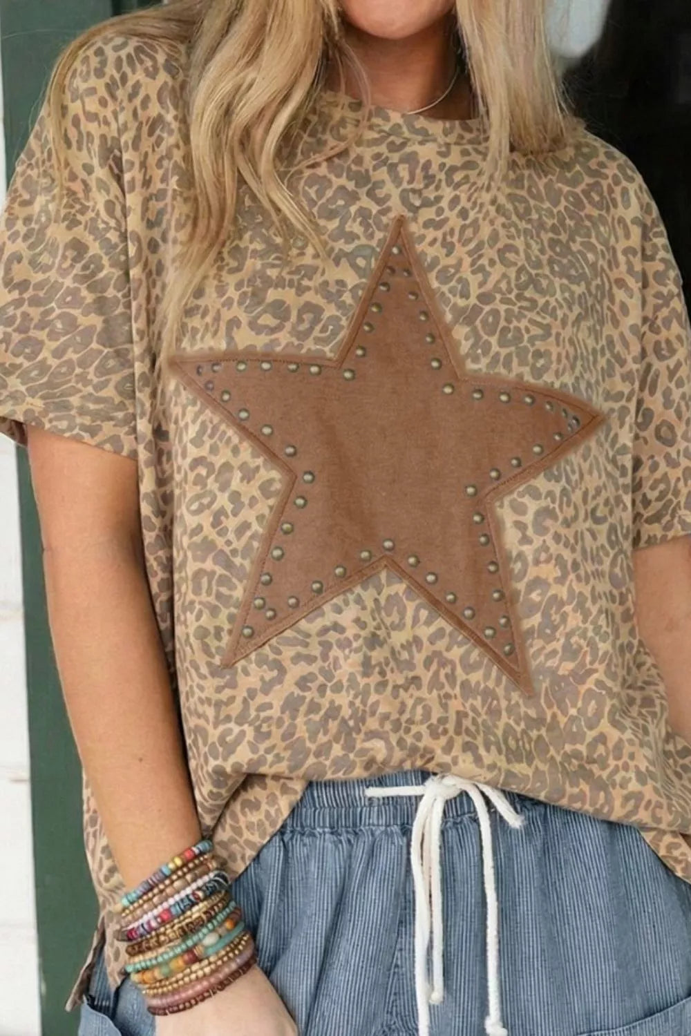Leopard Print Star Studded Casual T-Shirt New Era Fashion LLc