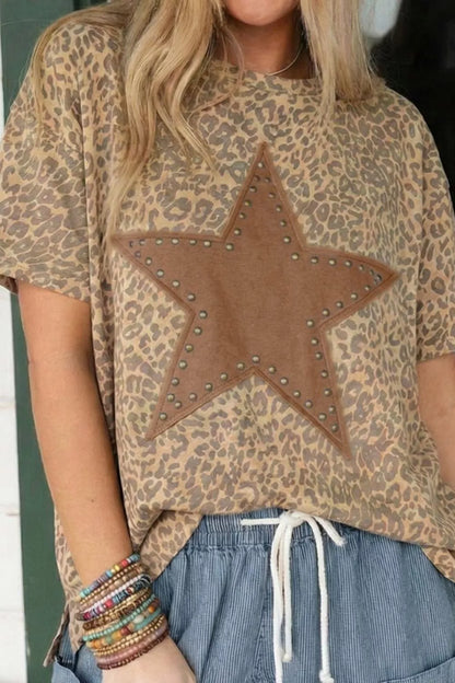Leopard Print Star Studded Casual T-Shirt New Era Fashion LLc
