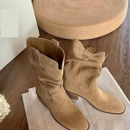 Autumn Western Pleated Short Cowhide Leather Boots for Women FitiqueFit