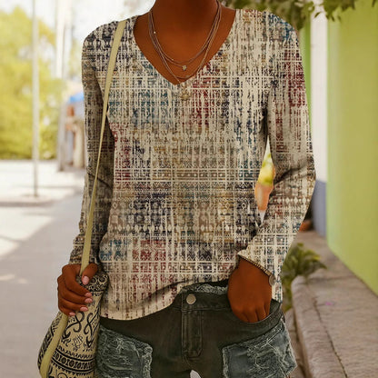 Women's Ethnic Print V-Neck Long-Sleeve Pullover Top FitiqueFit