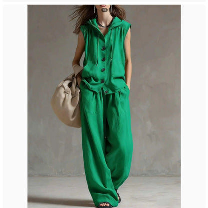 Sleeveless Hooded Top & Wide-Leg Pants Set | High-Waist Two-Piece FitiqueFit