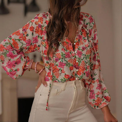 Boho Floral V-Neck Drawstring Blouse FitiqueFit