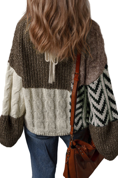 Brown Plus Size Color Block Patchwork Knotted Back Loose Fit Sweater Garden Naked Curves