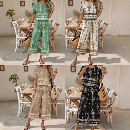 Women's Ethnic Print Contrast Two-Piece Set – Top & Straight-Leg Pants FitiqueFit