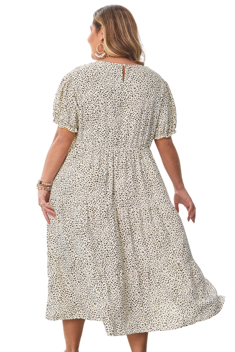 Beige Plus Size Leopard Print Frill Trim Short Sleeve Flared Dress Garden Naked Curves