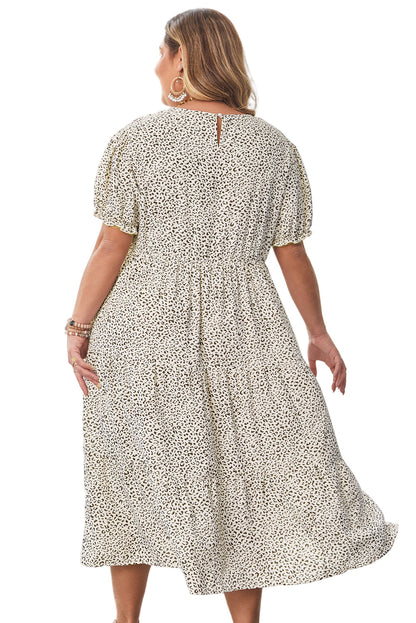 Beige Plus Size Leopard Print Frill Trim Short Sleeve Flared Dress Garden Naked Curves