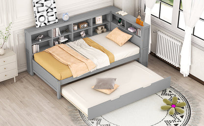 Wooden Twin Size DayBed with Twin Size Trundle, DayBed with Storage Shelf and USB Charging Ports,Grey